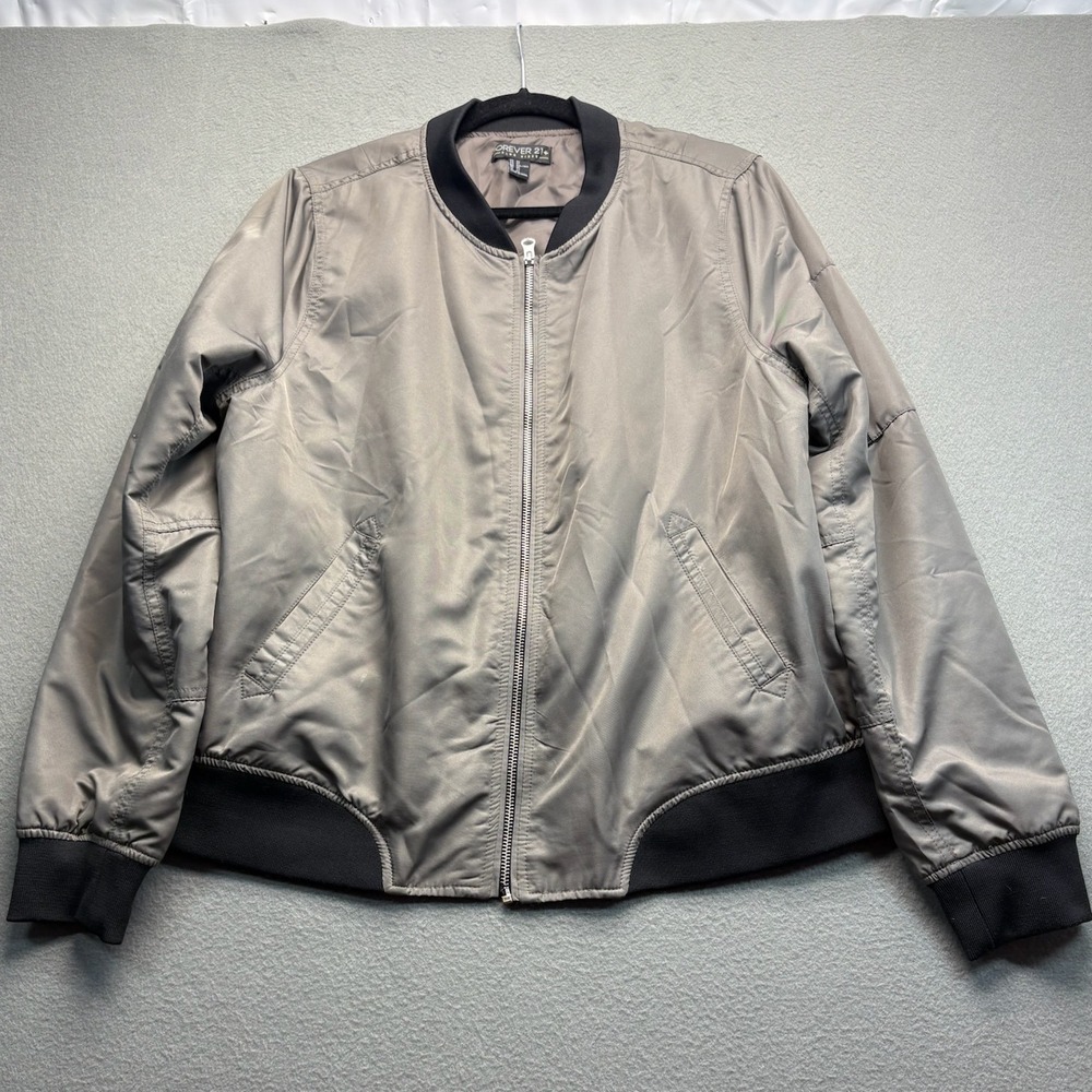 Forever 21 Plus Size 2X Bomber Jacket Taupe Grey Full Zip Lightweight Utility